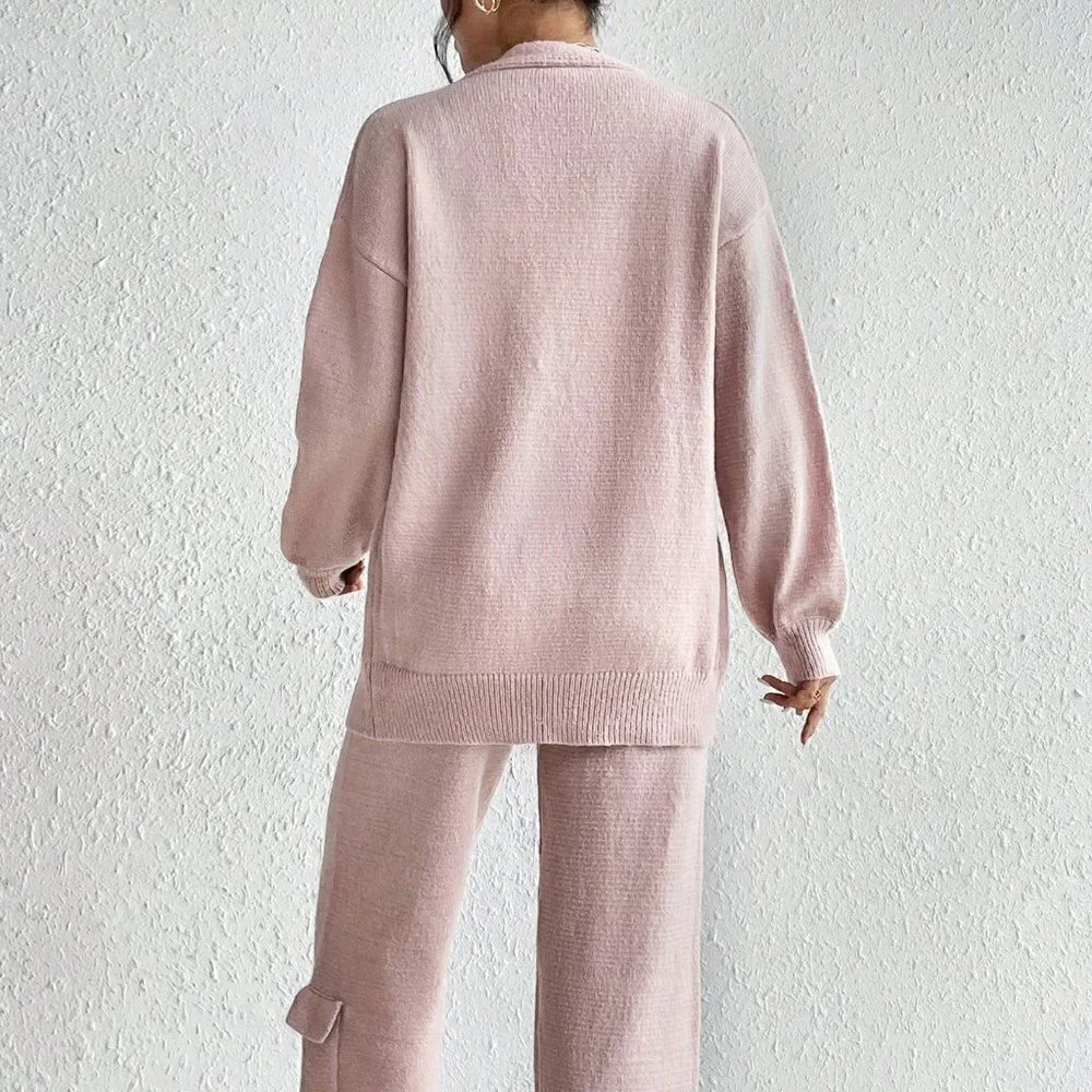 Pink Casual Womens Drop Shoulder Cardigan & Tie Front Knit Pants